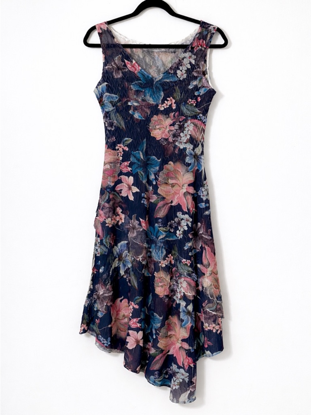 Komarov Navy Floral Asymmetrical Dress with Pink and Blue Blooms
